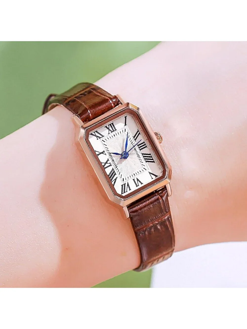 Women's Brown Rose Gold White Leather Strap Vintage Rectangle Elegant Wristwatch